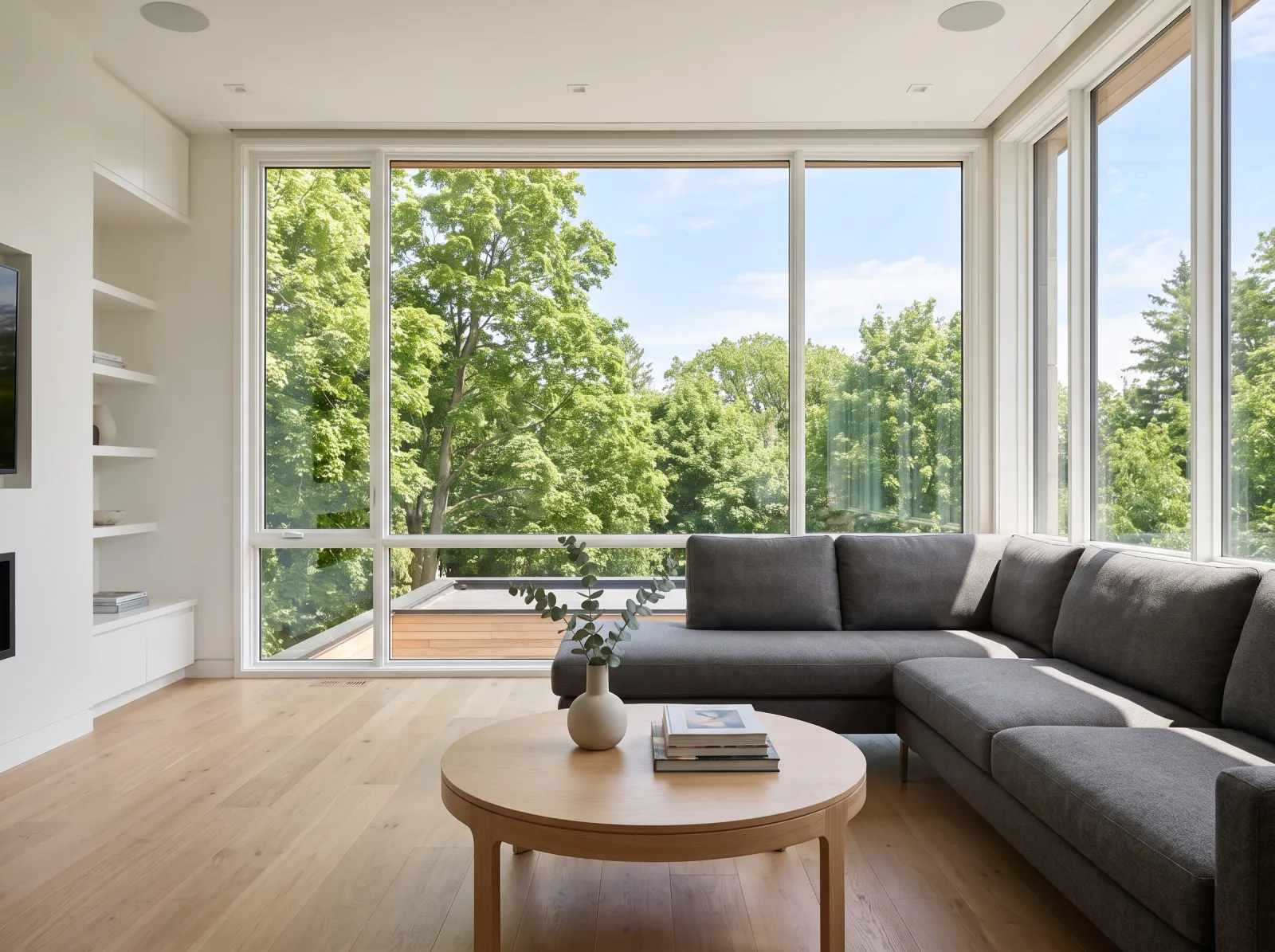 The same living room with the Snaptolist finish: bright balanced light, true colour, window view held, clutter removed
