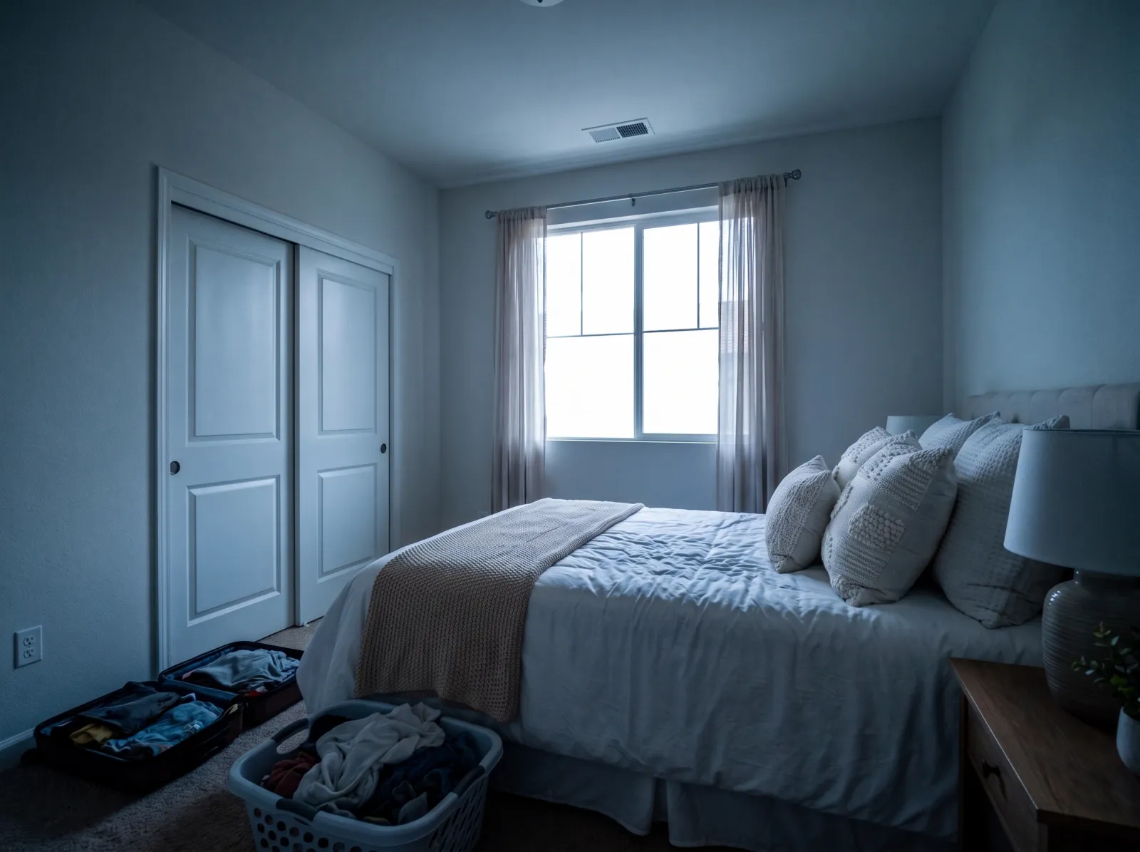 Guest bedroom straight off the phone: underexposed, blue cast, noise