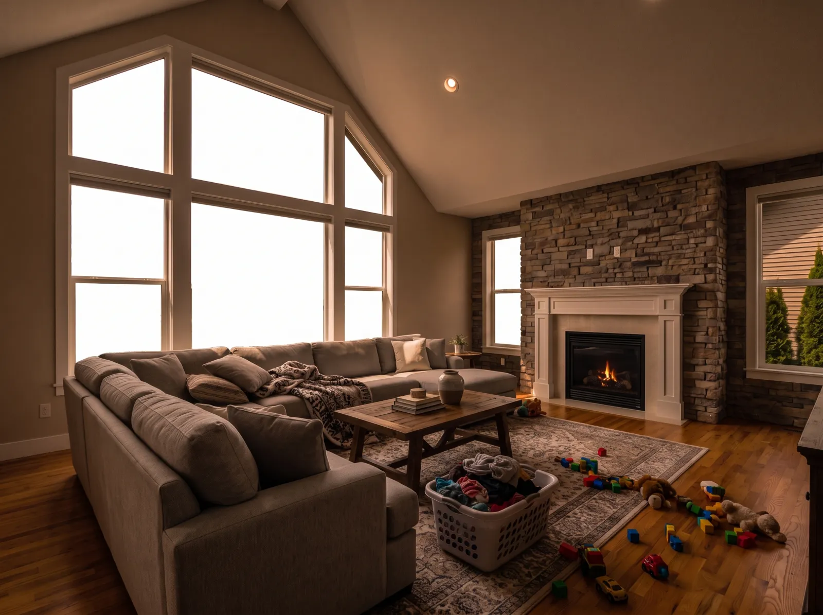 Vaulted living room straight off the phone: tall windows blown, orange cast, mess