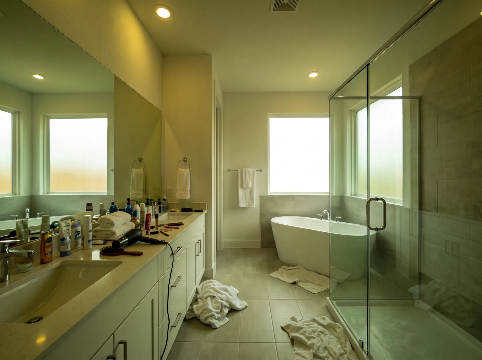 Primary ensuite straight off the phone: yellow-green vanity cast, toiletries, towels