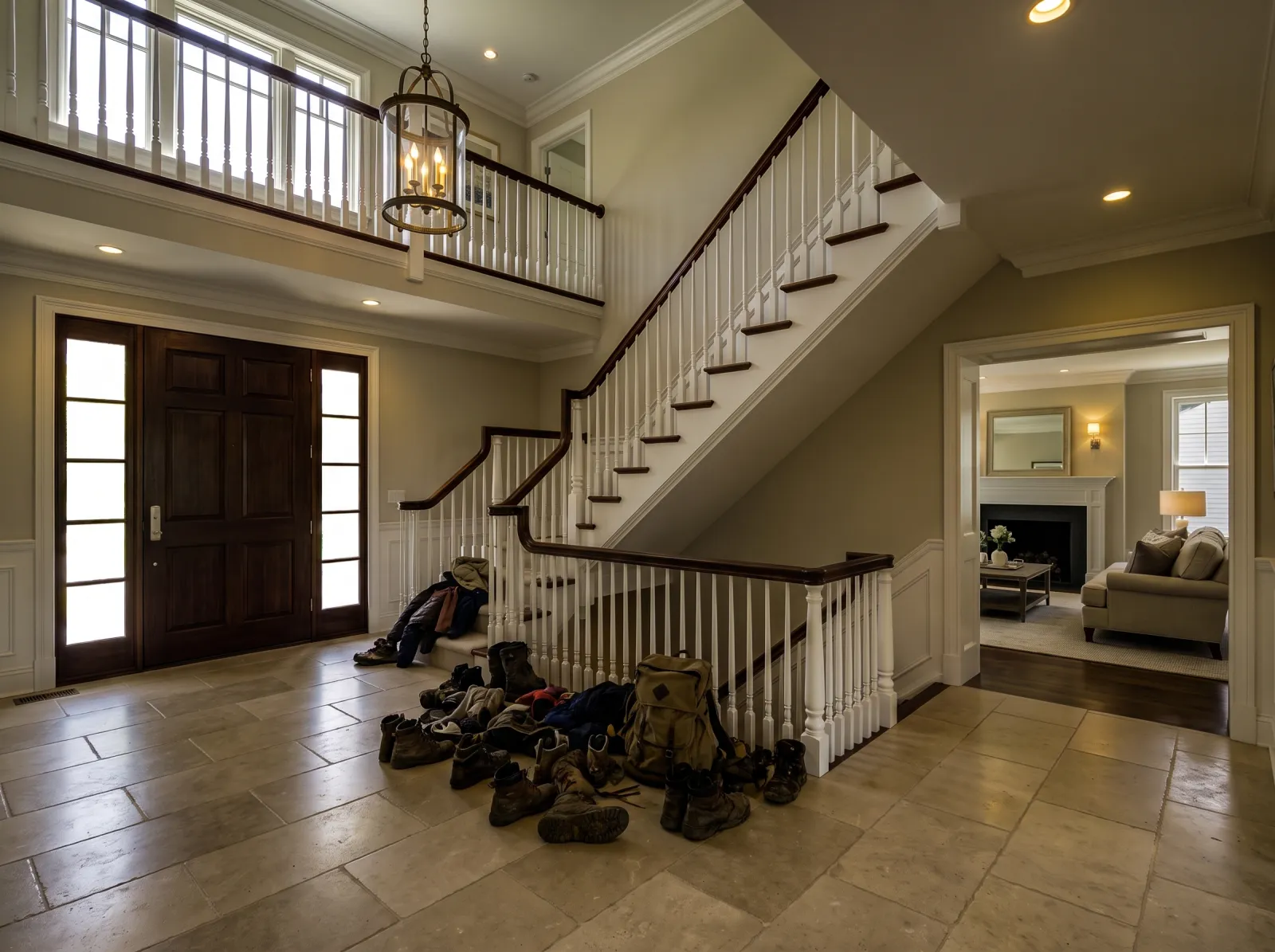 Entry foyer straight off the phone: sidelights blown, gloomy, shoes piled