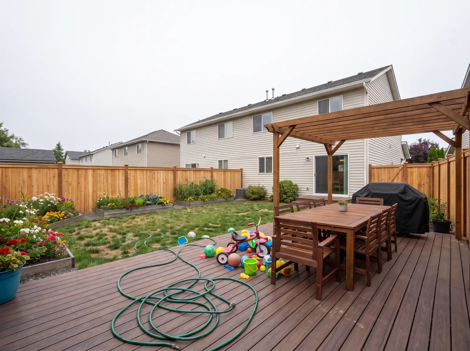 Backyard and deck straight off the phone: overcast, dull, hose and toys on lawn